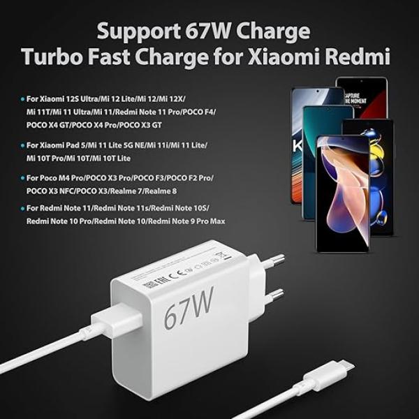 Xiaomi 67W EU Plug Qc3.0 Fast Quick Wall Turbo Charger With Cable