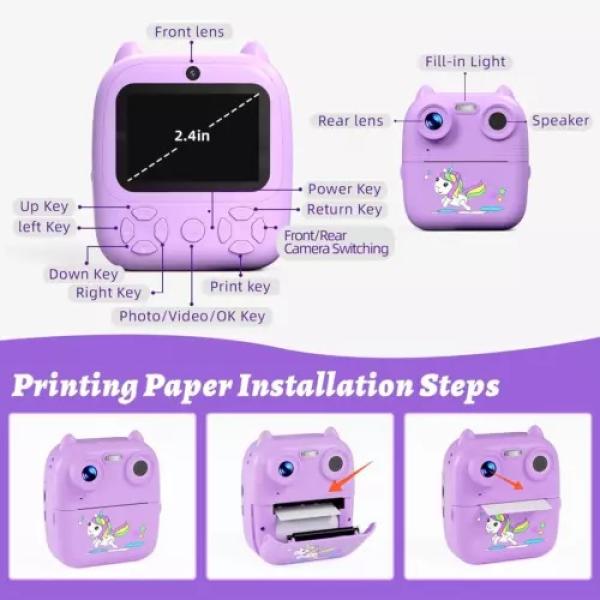 D8S Childrens Time Front/back Rear HD Digital Thermal Print Camera 1080p 48MP Purple