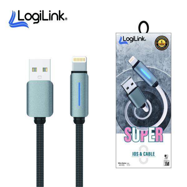 Logilink USB To Lightning Nylon Fast Charging Data Cable With Light 1m (1 Year Warranty) Grey