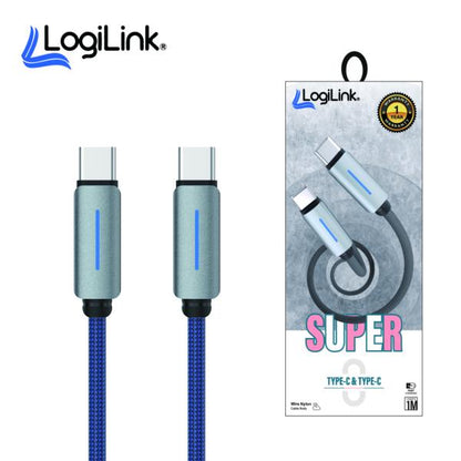 Logilink Type C To Type C Nylon Fast Charging Data Cable With Light 1m (1 Year Warranty) Blue