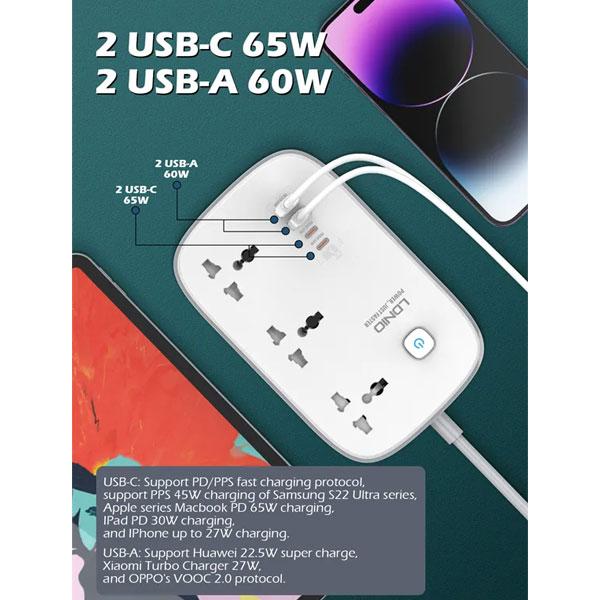 Ldnio SC3416 65W GaN Fast Charging 3250W Power Extension 3 Sockets 2 USB-C + 2 Usb-a
