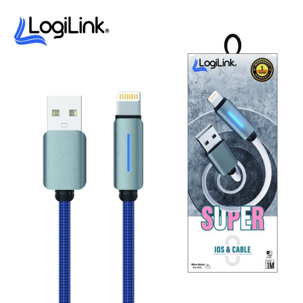Logilink USB To Lightning Nylon Fast Charging Data Cable With Light 1m (1 Year Warranty) Blue