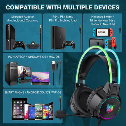 Onikuma-x15 Pro RGB Head Beam With Mic, 3.5mm Wired Earphones, Durable Stereo Surround, RGB Gaming Headset