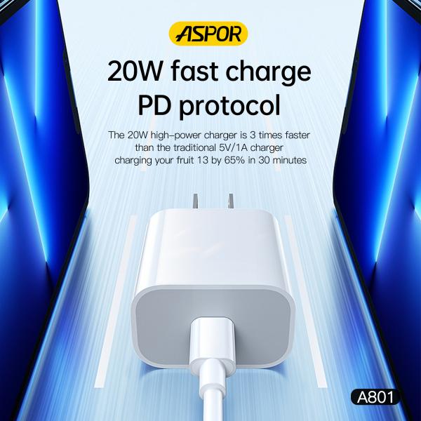 Aspor A801 New 20W Us Pin USB-C Fast Charging QC 3.0 White