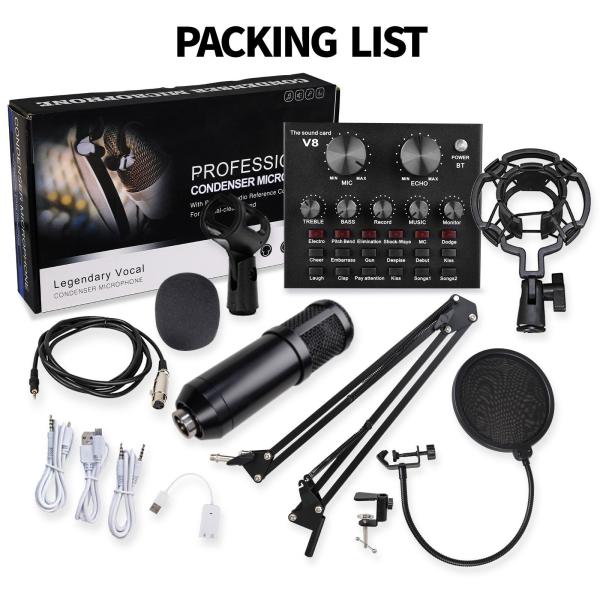 V10 Bm-800 Podcast Condenser Microphone Set With Live Sound Card, Rech
