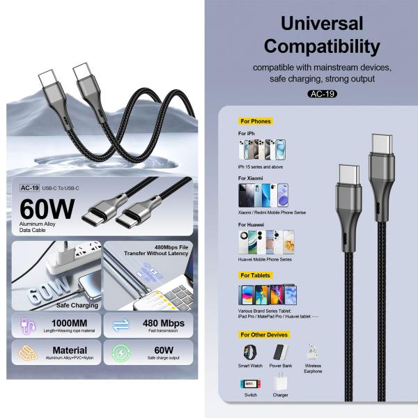Aspor AC-19 60W Type-C To Type-C Fast Charging Data Cable 1m