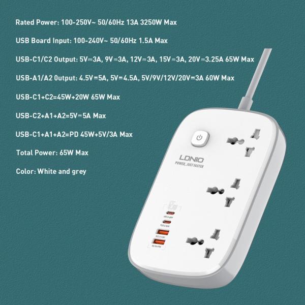 Ldnio SC6 45W GaN Fast Charging 3250W Power Extension 3 Sockets 2 Usb-a + 2 USB-C 2m