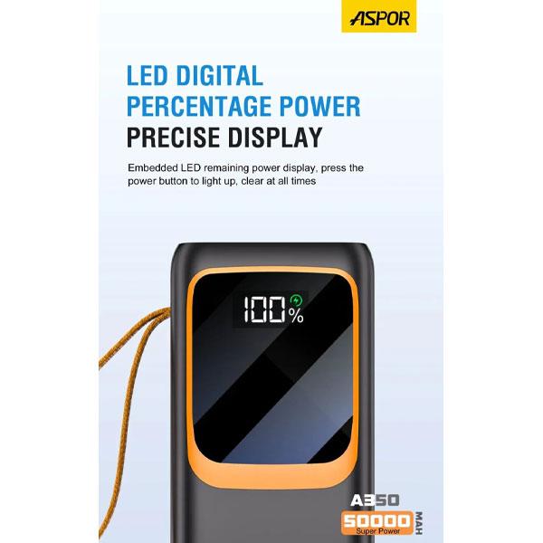 Aspor A350 22.5W 50000mAh Fast Charging Type-C Micro Ios 7 Output With Built-in Flashlight Power Bank