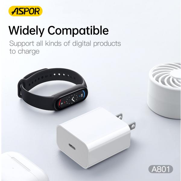 Aspor A801 New 20W Us Pin USB-C Fast Charging QC 3.0 White