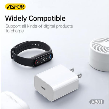 Aspor A801 New 20W Us Pin USB-C Fast Charging QC 3.0 White