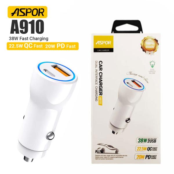 Aspor A910 Fast Car Charger QC 3.0 Dual Aluminum Metal 38W PD Portable