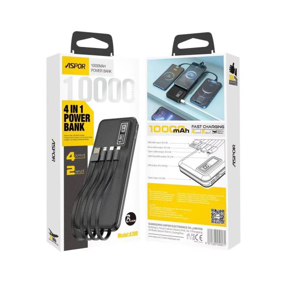 Aspor A300 Power Bank Original 10000mah Li-polymer Battery 4 In1 Power