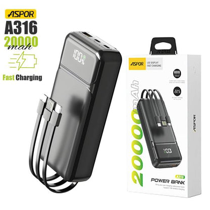 Aspor A316 20000mAh 22.5W High Speed Built In Cable Fast Charging Power Bank Black