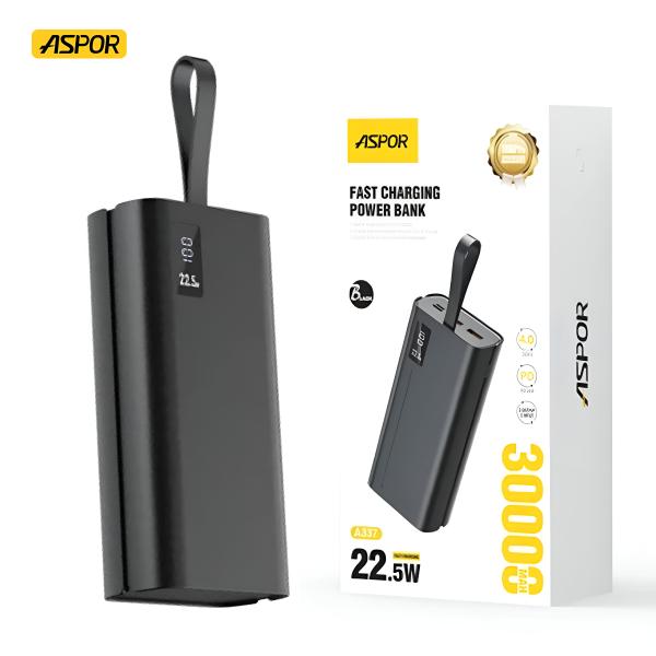 Aspor A337 22.5W PD 30000mAh Fast Charge Power Bank LCD Display Black