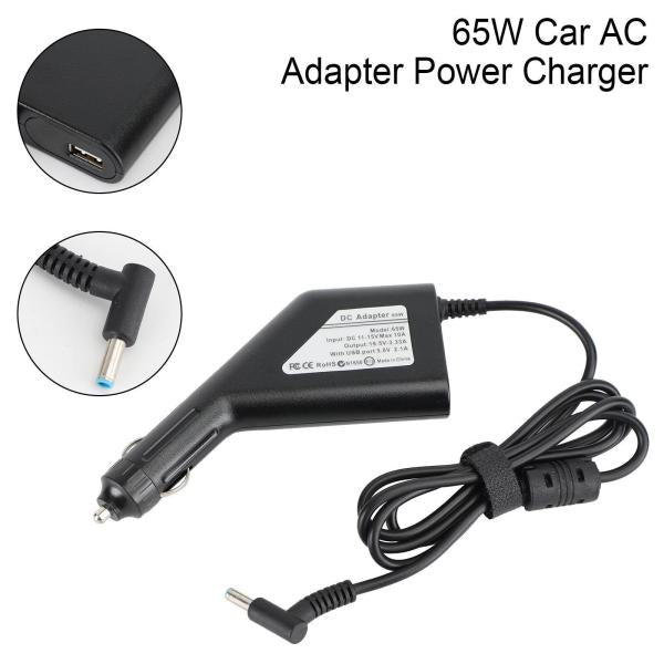 65W HP Laptop Car Charger 4.5x3.0mm 19.5V 3.33a Blue Pin With USB Port