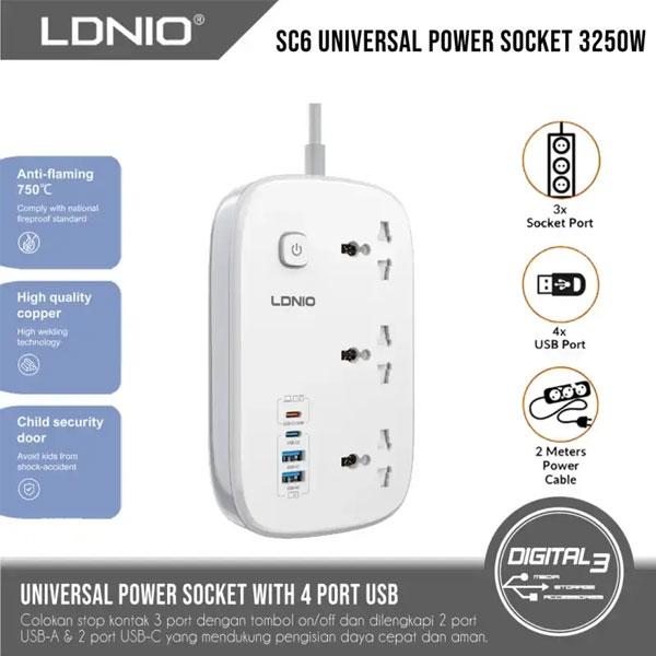 Ldnio SC6 45W GaN Fast Charging 3250W Power Extension 3 Sockets 2 Usb-a + 2 USB-C 2m