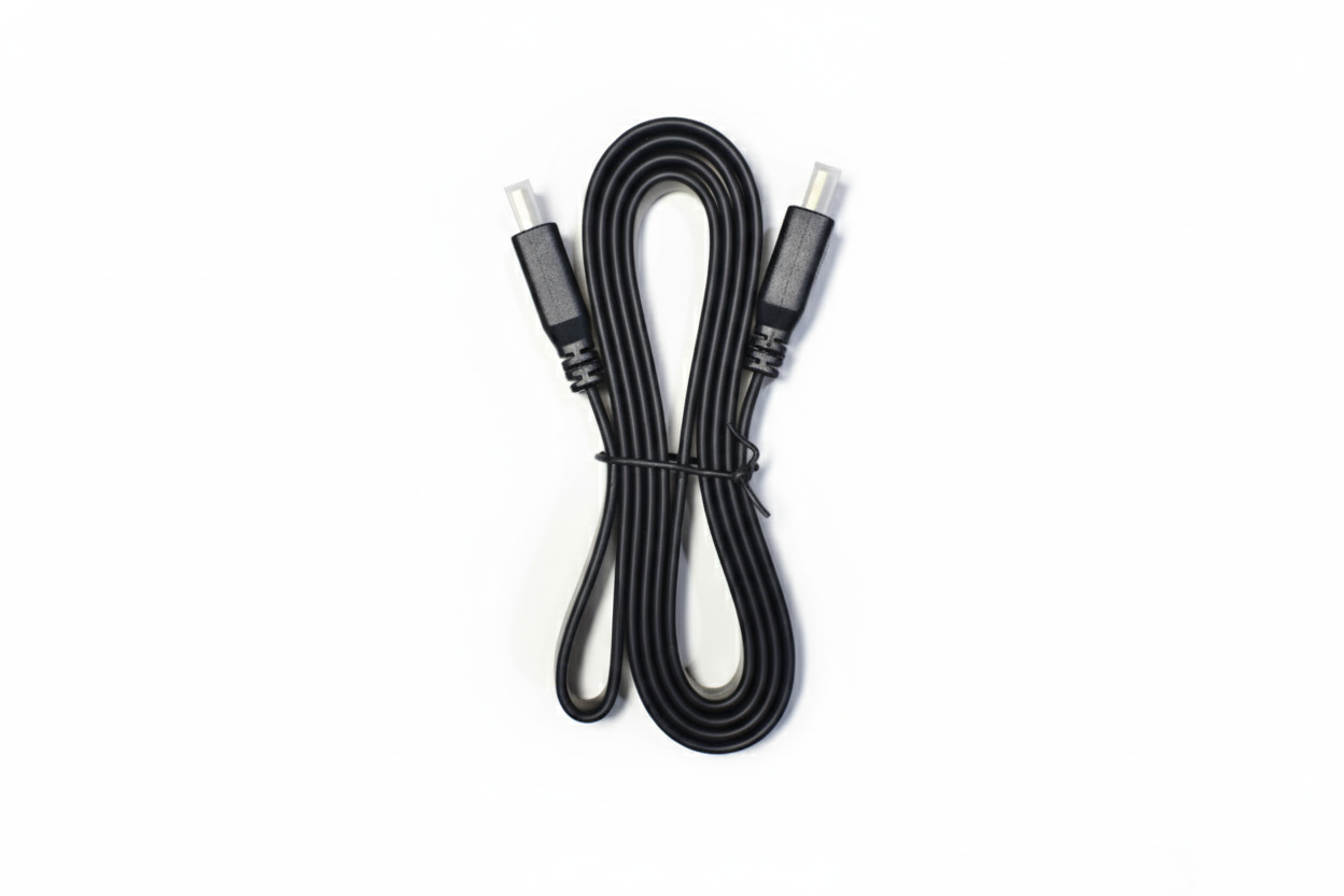 Black cable with connectors on a white background
