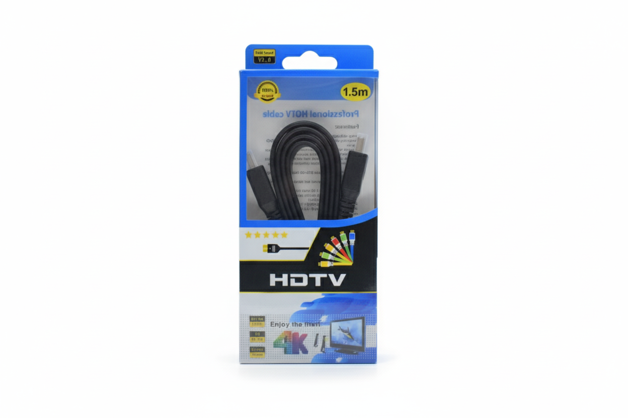 HDTV cable packaging with blue and black design on a white background