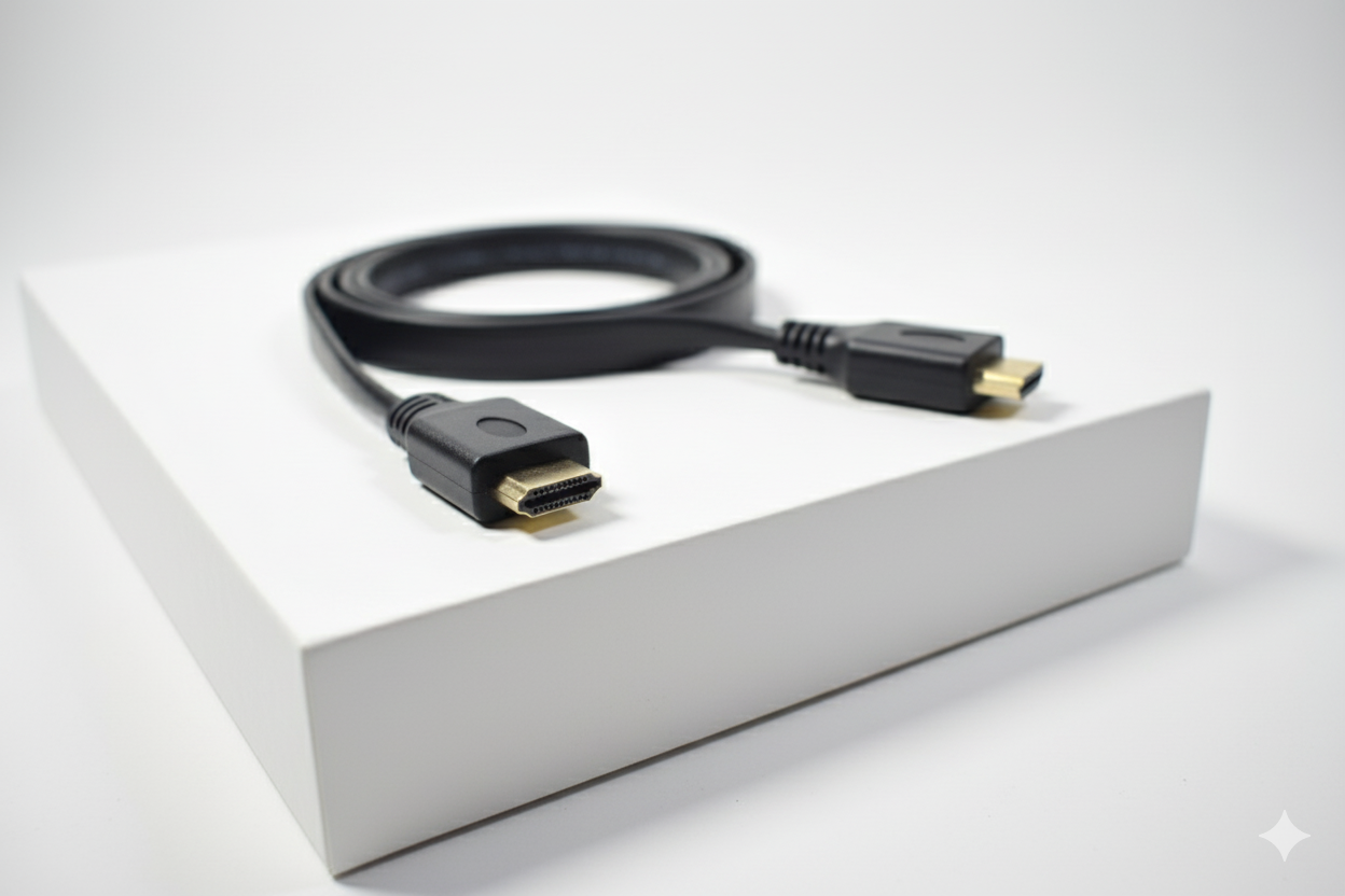 HDMI cable on a white surface with a gray box
