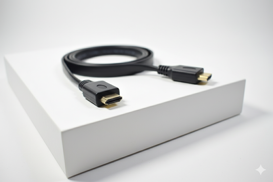 HDMI cable on a white surface with a gray box