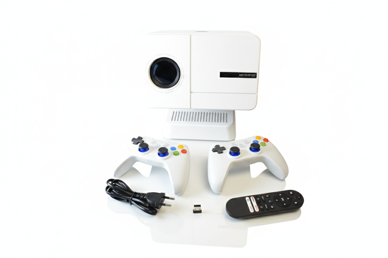 White gaming Projector console with controllers, cable, and remote on a white background