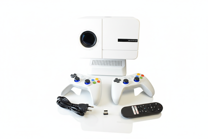 White gaming Projector console with controllers, cable, and remote on a white background