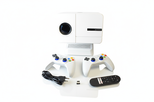 White gaming Projector console with controllers, cable, and remote on a white background