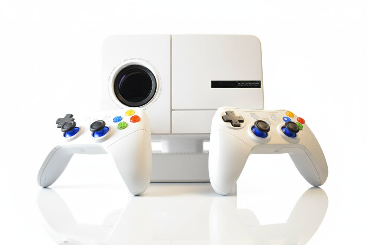 White gaming console with two controllers on a white background