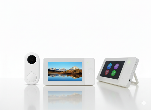Smart home device with screen and camera on a white background